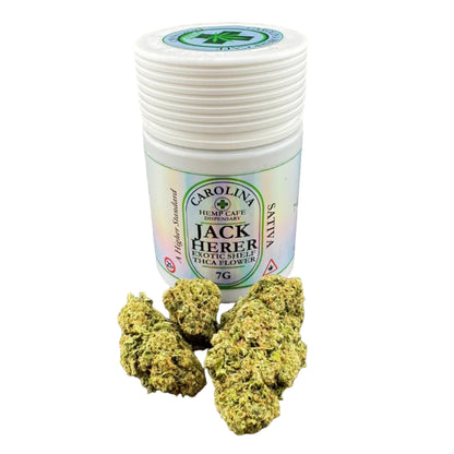A white plastic jar of Carolina Jack Herber Exotic Milk Hemp Cake (THCA) sits on a dark gray surface with four green, textured hemp buds placed in front of the container.