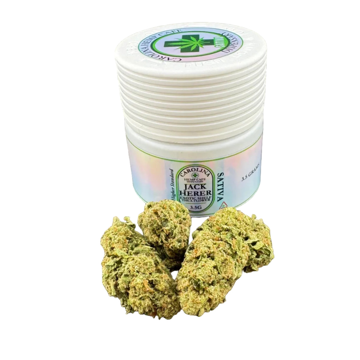 A small white jar labeled 'Sativy Jack Herbs' stands on a dark gray surface with several green herb buds placed in front of it.