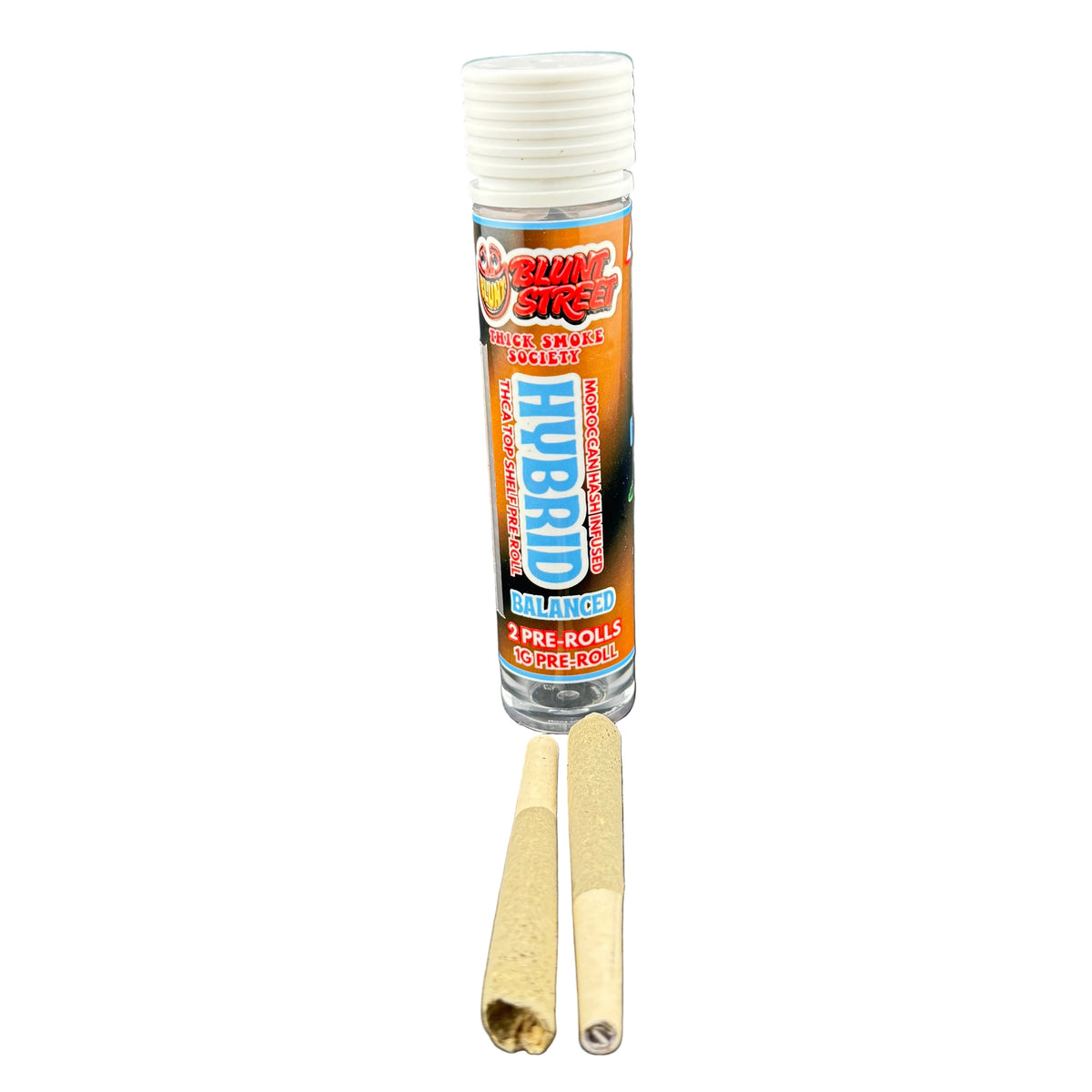A clear plastic tube of Chun-Sis Hybrid Balanced Pre-Rolls with a white ribbed cap, shown on a white background with two unrolled pre-rolls displayed below it.