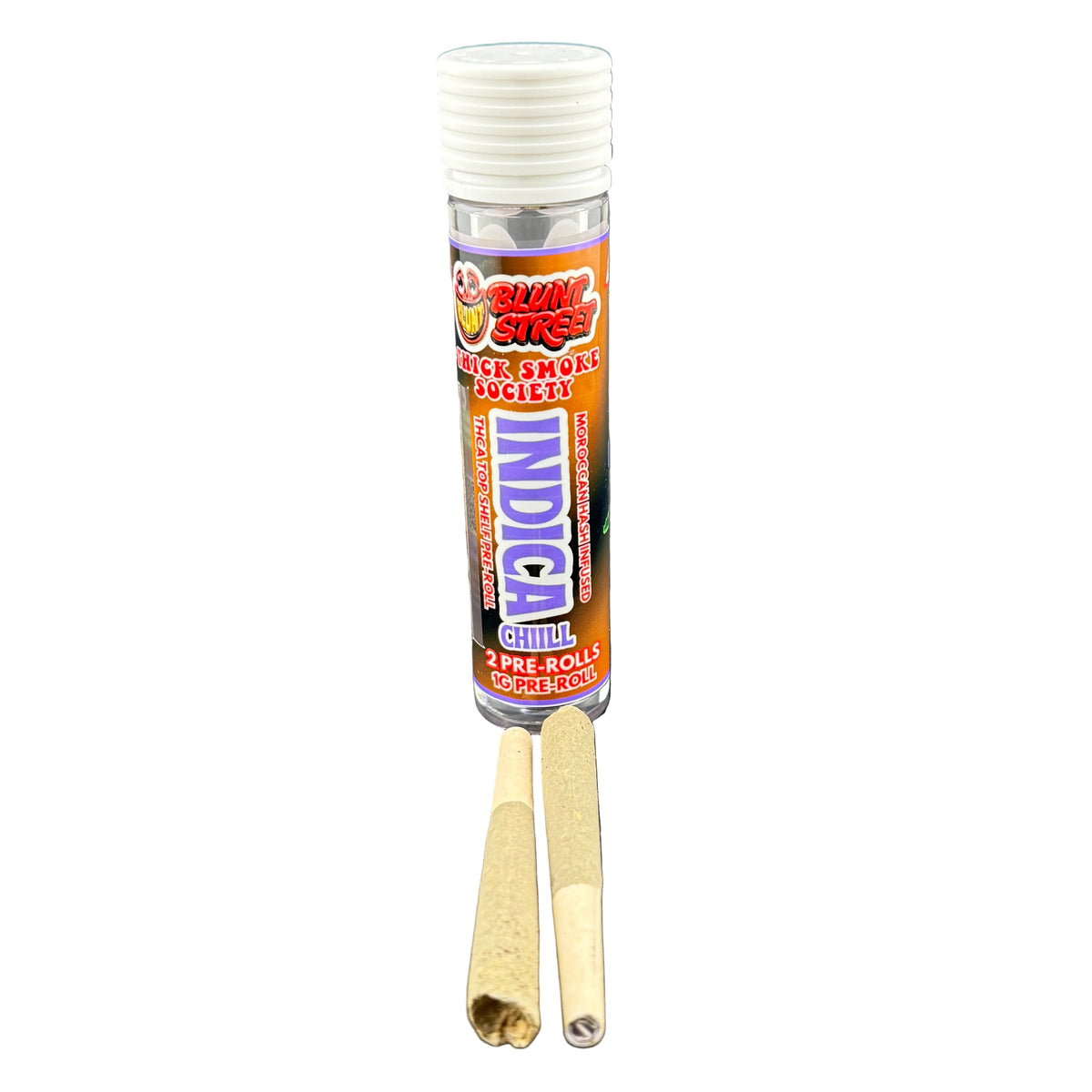 A tube of Glowy Glase Indica Shining Pre-Rolled Joint Fills, with two pre-rolled joints displayed below the tube on a plain white background.