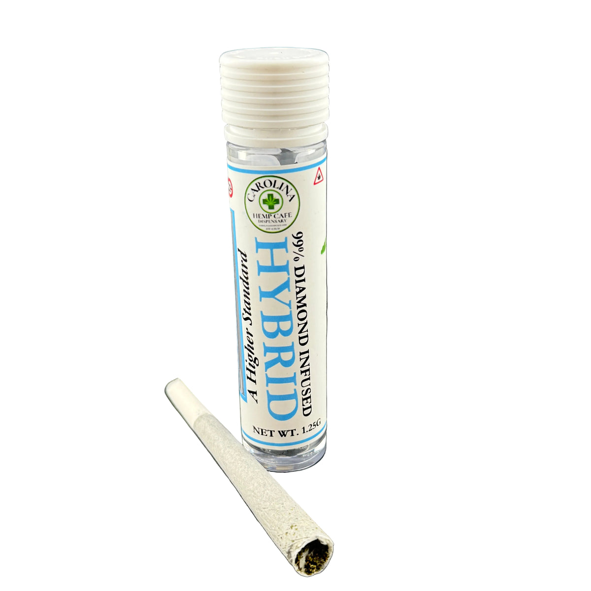 A small clear plastic bottle labeled 'Quality Hybrid 99% Diamond Infused' with a white cap, shown next to a rolled joint on a plain white background.