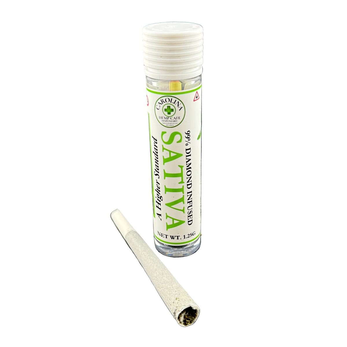 A clear cylindrical rolling paper tube with a white cap and a white label reading 'Sativa' and '99% Diamond Free,' shown next to a rolled paper cone on a plain white background.