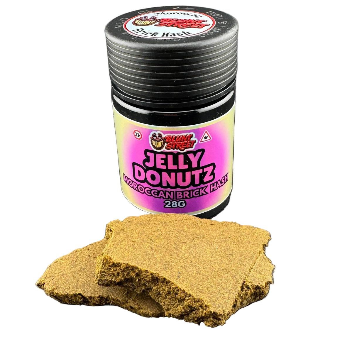 A jar of Shady Sidez Jelly Donutz Moroccan Brick Fast binding agent with two pieces of the textured brown paste displayed in front on a white background.