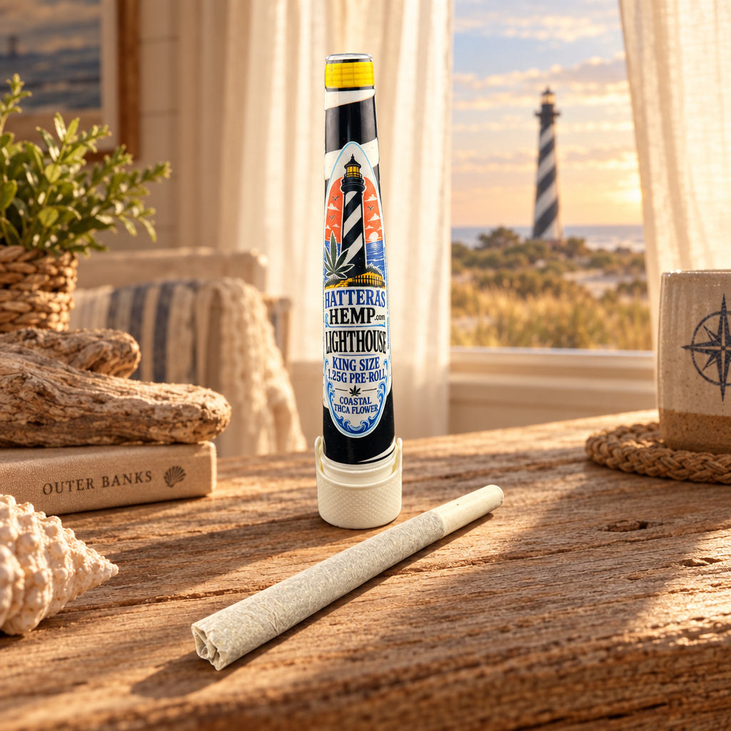 A pre-rolled cone of white hemp material lies horizontally below a tall cylindrical tube labeled 'Matteras Hemp Lighting Pre-Roll'. The tube features a black and white striped lighthouse design with a yellow cap, set against a plain white background.