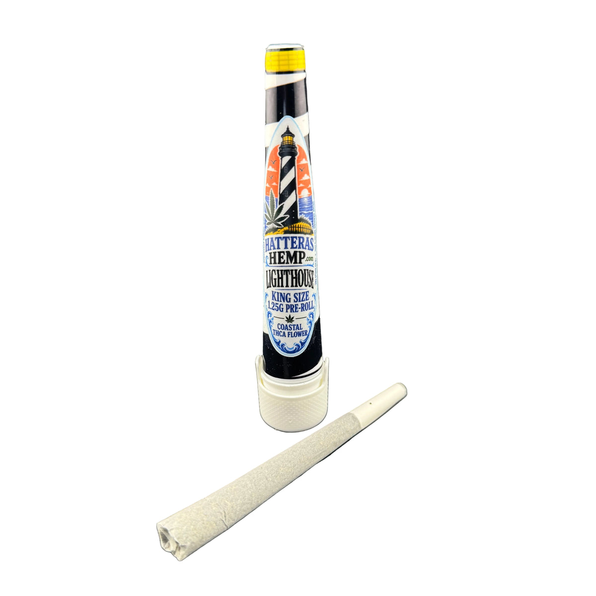 A pre-rolled cone of white hemp material lies horizontally below a tall cylindrical tube labeled 'Matteras Hemp Lighting Pre-Roll'. The tube features a black and white striped lighthouse design with a yellow cap, set against a plain white background.