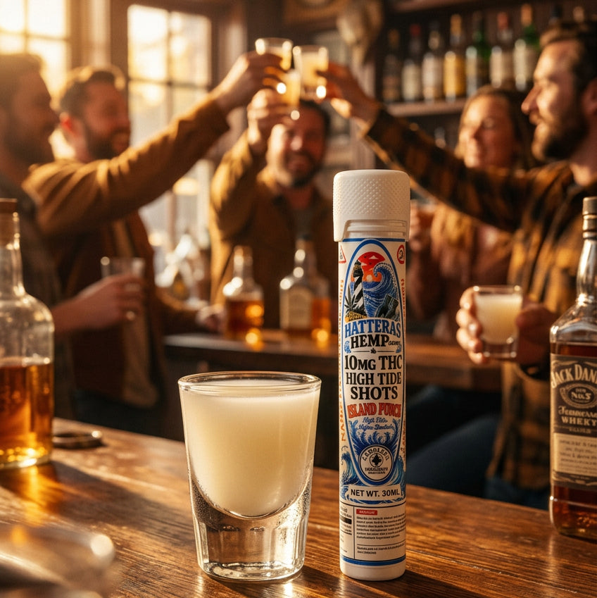 A tube of Batter's Hemp 'Long The High Two Shots' blood pink drink next to a clear shot glass filled with pale yellow liquid, set against a dark gray background.