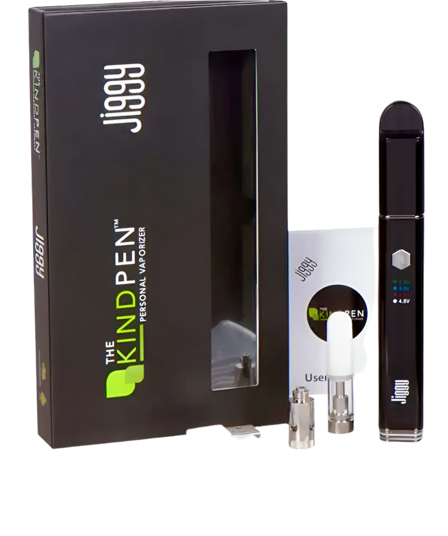 Jiggy Kind Pen personal vaporizer with packaging and accessories on a white background