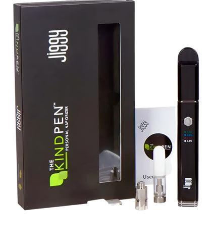Jiggy Kind Pen personal vaporizer with packaging and accessories on a white background