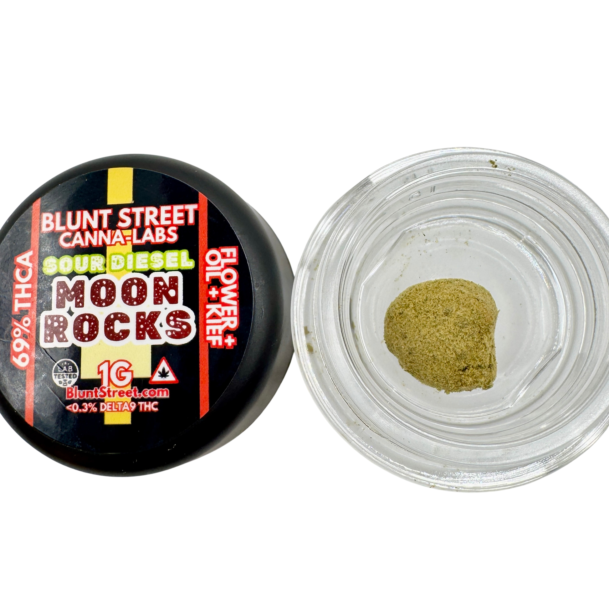 Jar of Blunt Street Canna-Labs Sour Diesel Moon Rocks with visible cannabis flower inside.