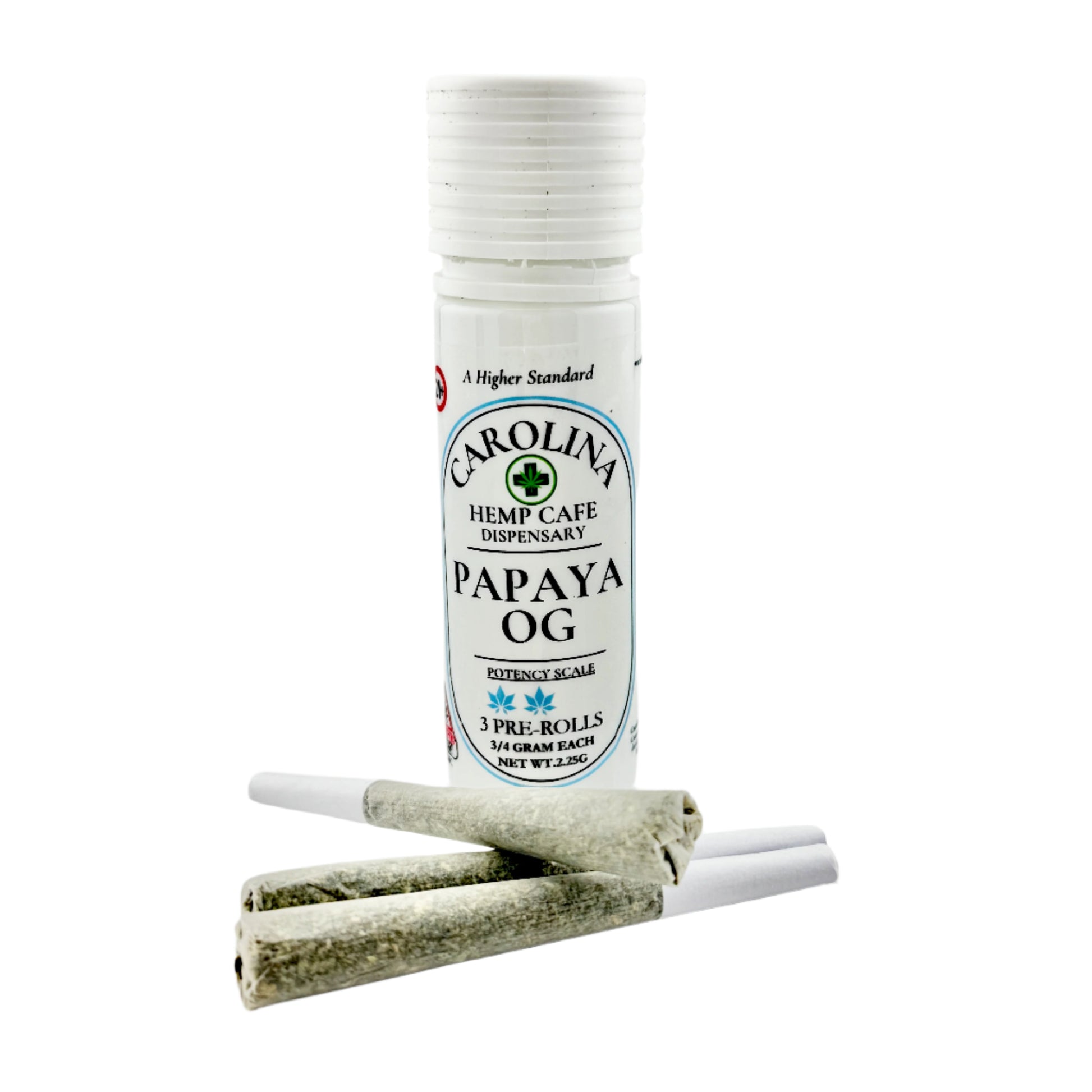 Carolina Hemp Cafe Dispensary Papaya OG product with rolling paper on a white background