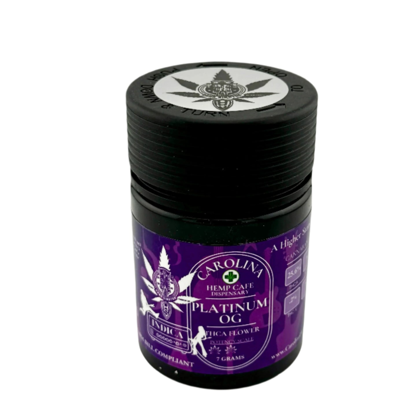 Black and purple container with Carolina Hemp Cafe branding on a white background