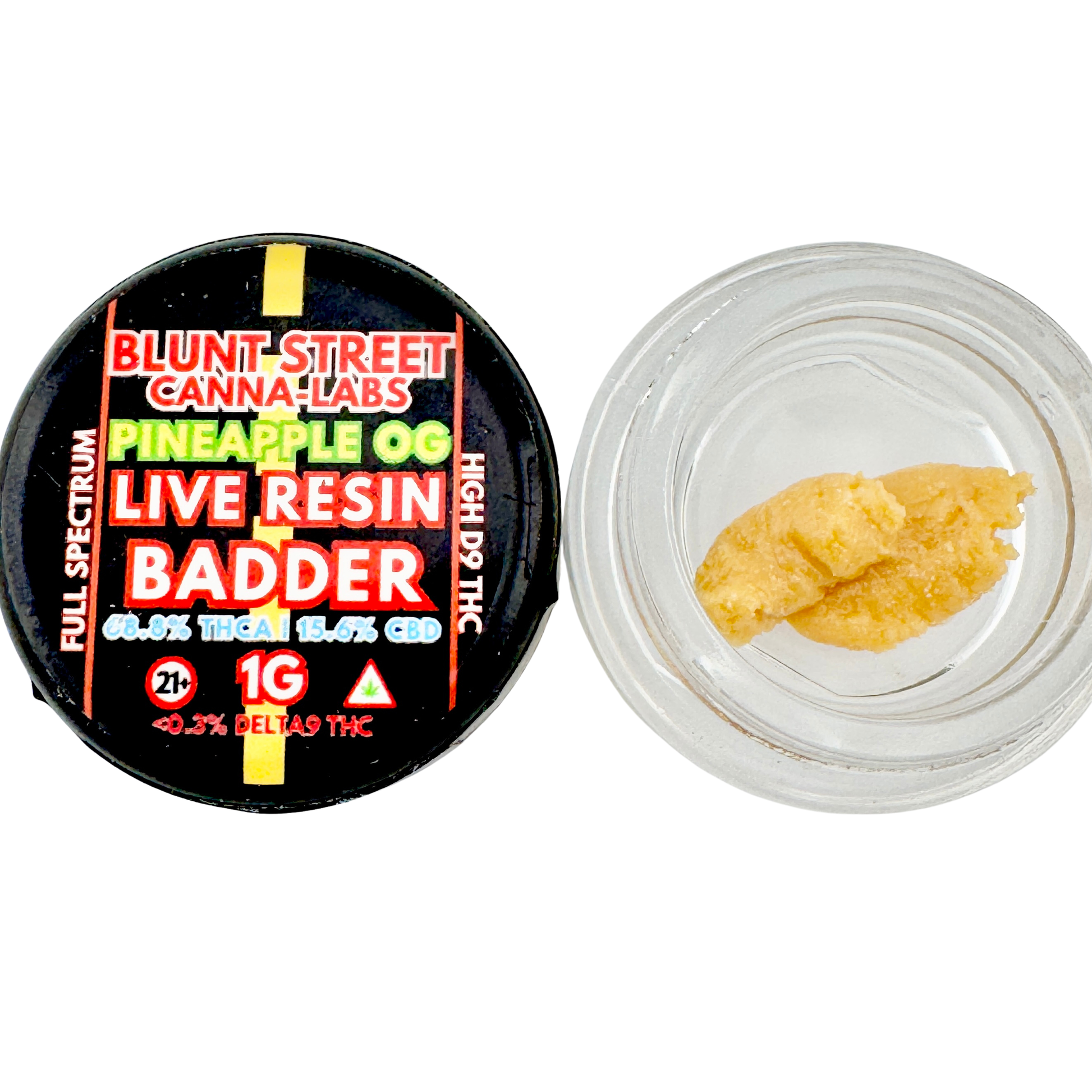 Container of Blunt Street Canna Labs Pineapple OG Live Resin Badder with visible cannabis resin.