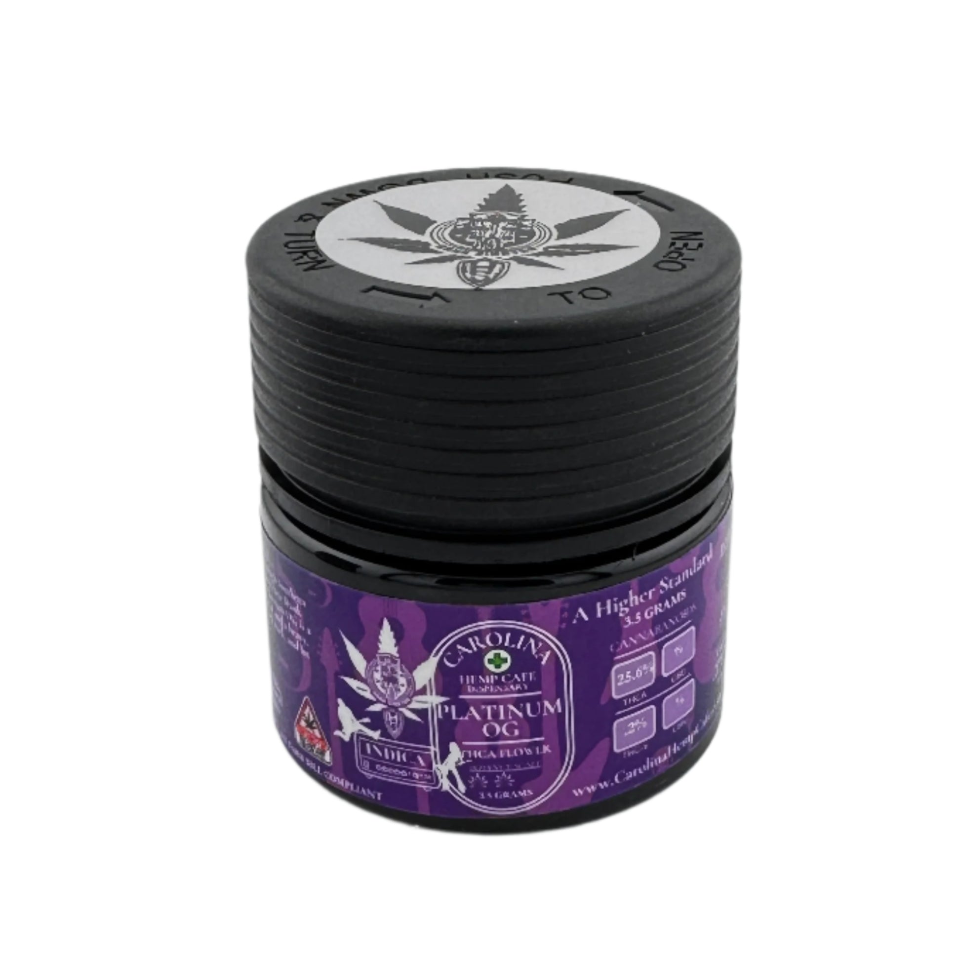 Black jar with purple label featuring a cannabis leaf design on a white background