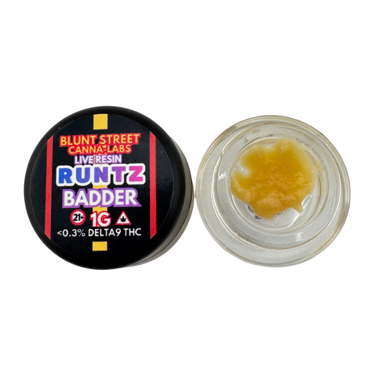 Cannabis product with 'Blunt Street Canna Labs' branding and visible resin on a white background.