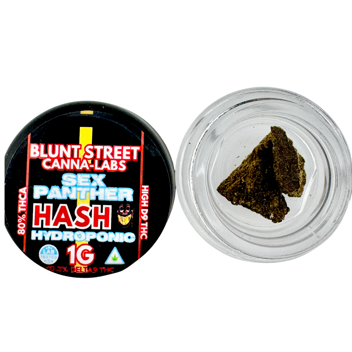 Cannabis hash in a clear container with a labeled container on a white background