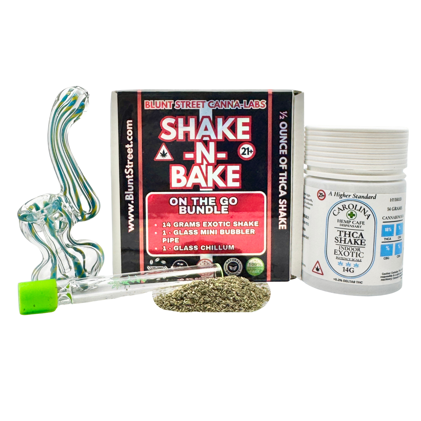 Shake-n-Bake on-the-go bundle with glass pipe, packaging, and Carolina Hemp Company container.