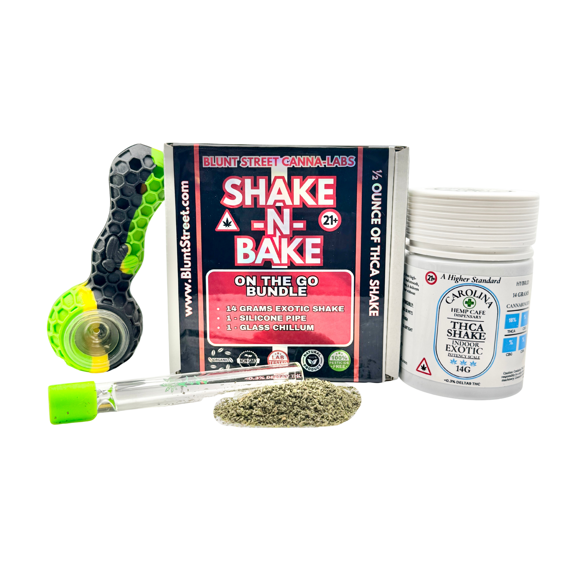 Blunt Street Canna-Labs Shake N Bake on the Go Bundle with packaging, tools, andTHCA shake.