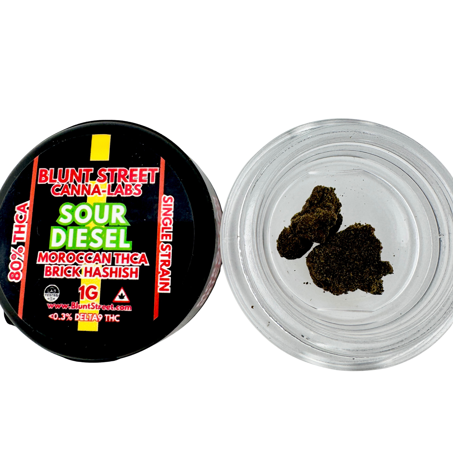 Blunt Street Canna-Labs Sour Diesel hash container with open lid showing hash inside.