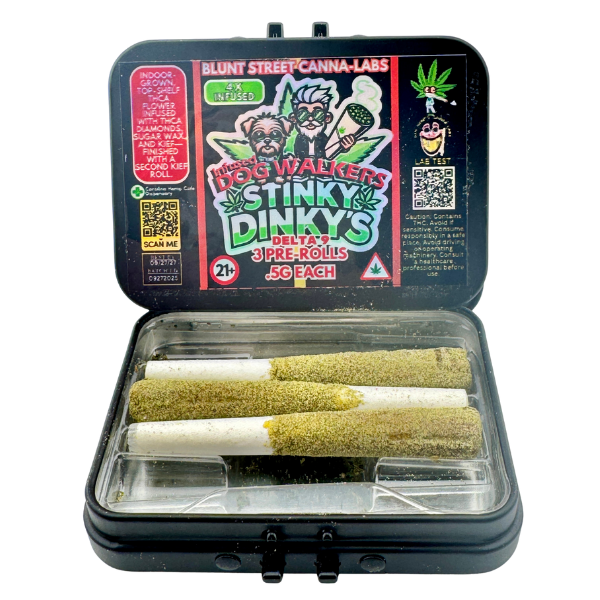 Jewel case with pre-rolled joints and packaging labeled 'Blunt Street Canna Labs' on a white background.