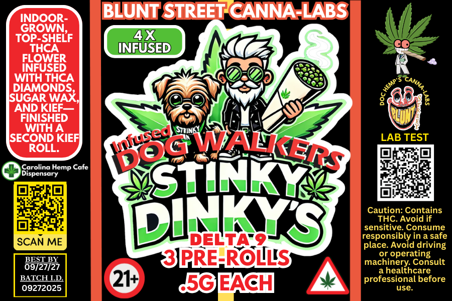 Drug label for 'Stinky Dinky's' pre-rolls with branding and product details.