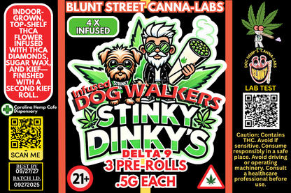 Drug label for 'Stinky Dinky's' pre-rolls with branding and product details.