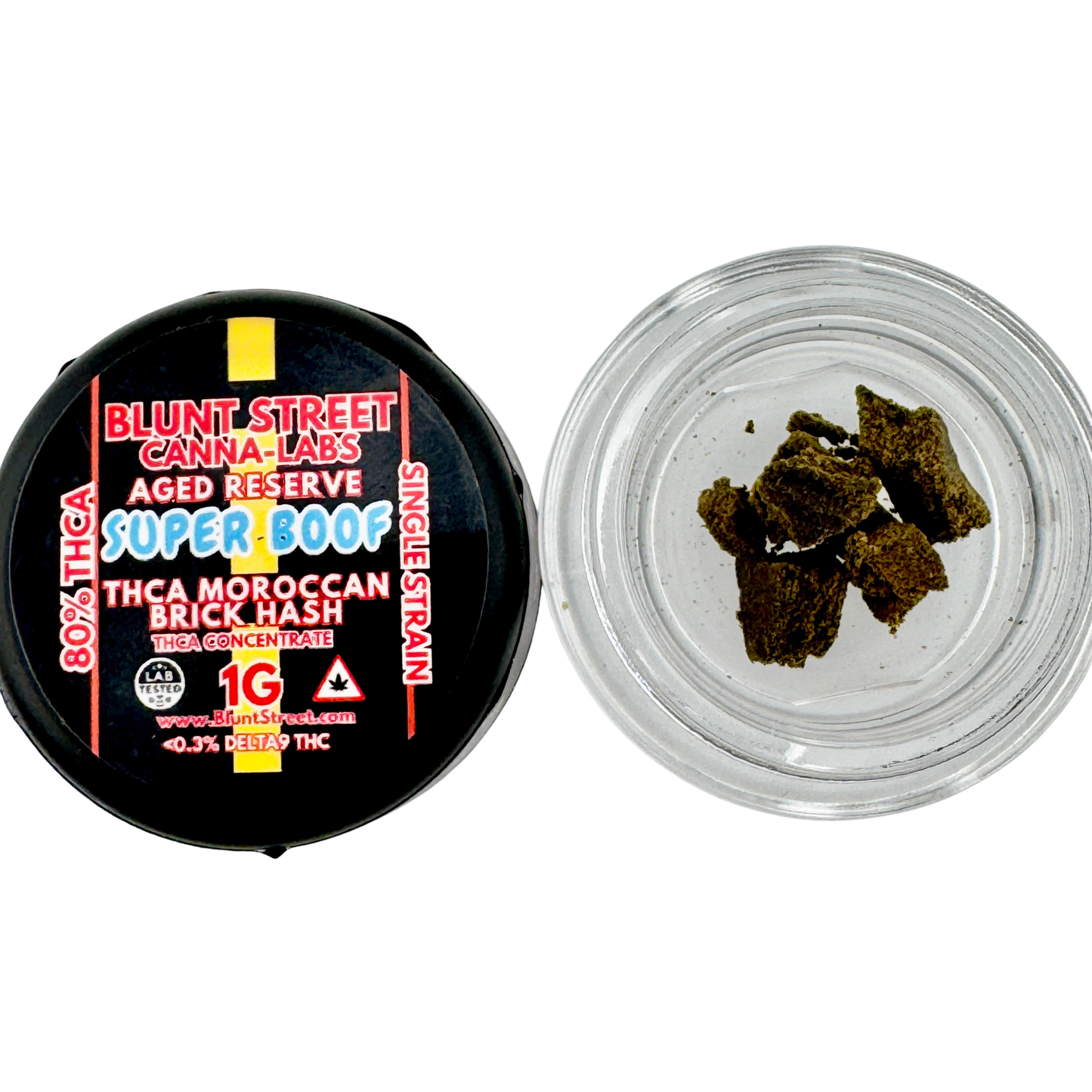Jar of cannabis hash with Blunt Street Canna Labs label on a white background