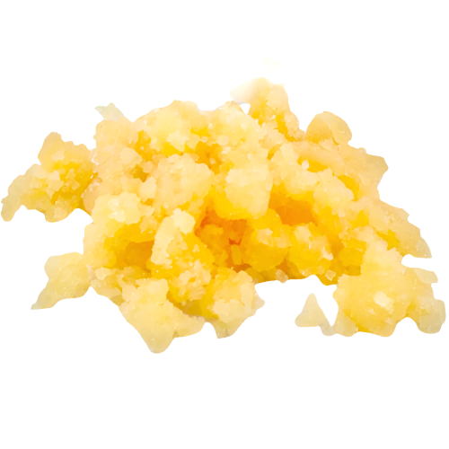 Yellow crumbly substance on a white background