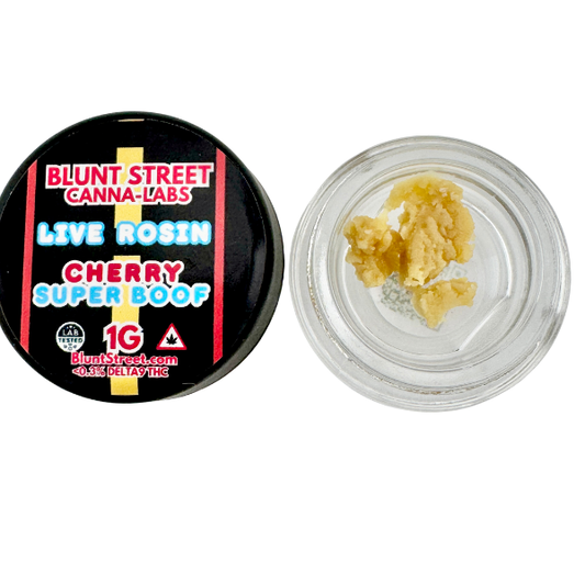 Container of live rosin labeled 'Blunt Street Canna-Labs' with visible rosin inside.