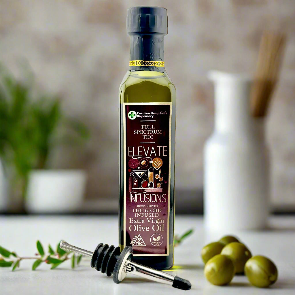 Bottle of Elevate Infusions THC & CBD Infused Extra Virgin Olive Oil with dropper on a white background
