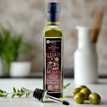 Bottle of Elevate Infusions THC & CBD Infused Extra Virgin Olive Oil with dropper on a white background