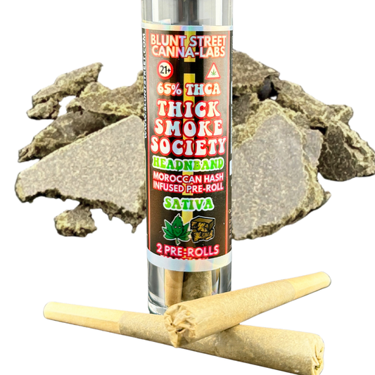 Blunted Street Canna-Labs product with cannabis pre-rolls and hash on a white background