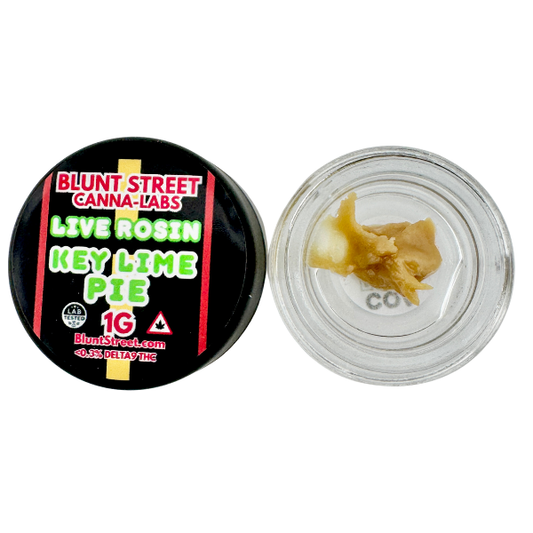 Container of live rosin labeled 'Key Lime Pie' by Blunt Street Canna-Labs on a white background.