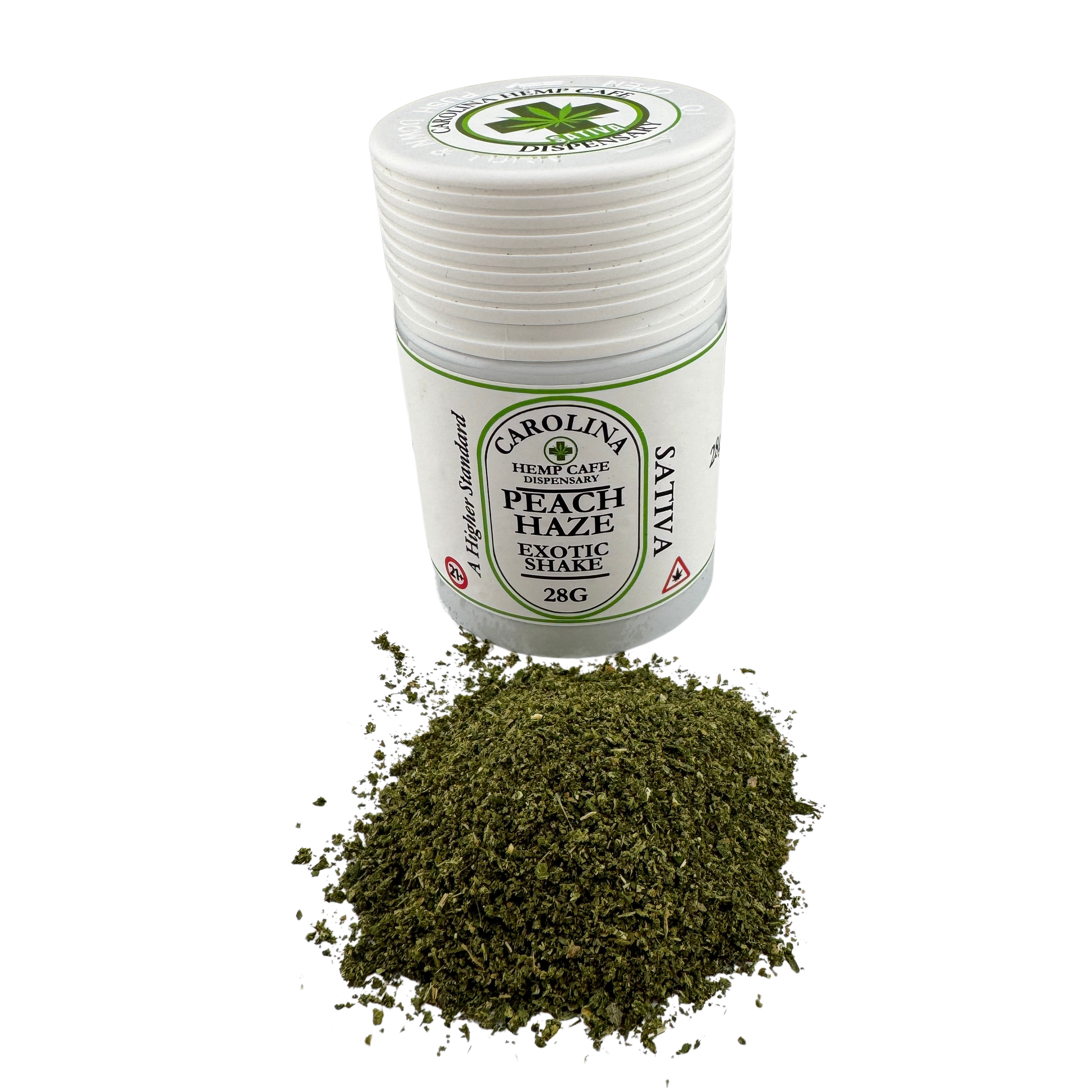 A small white plastic jar labeled Carolina Valley Hemp Cafe Peach Haze Exotic Snake, shown with a pile of dried green herb below on a white background.