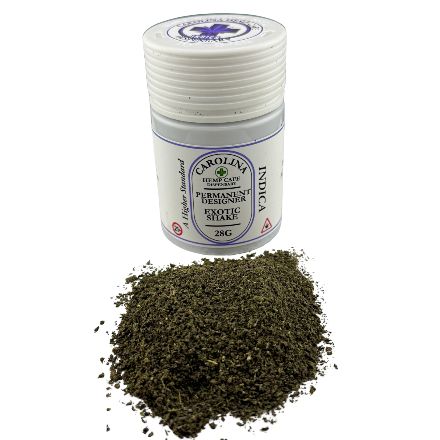 A small white plastic jar labeled Carolina Hemp Cafe Permanent Designer Exotic Shatter Indica 28G, shown with a pile of dark green ground flower in front on a white background.