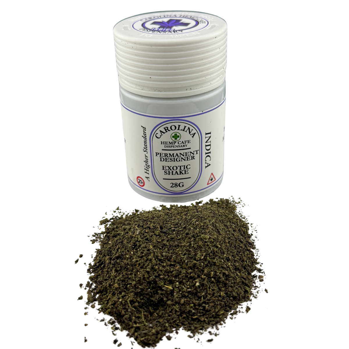 A small white plastic jar labeled Carolina Hemp Cafe Permanent Designer Exotic Shatter Indica 28G, shown with a pile of dark green ground flower in front on a white background.