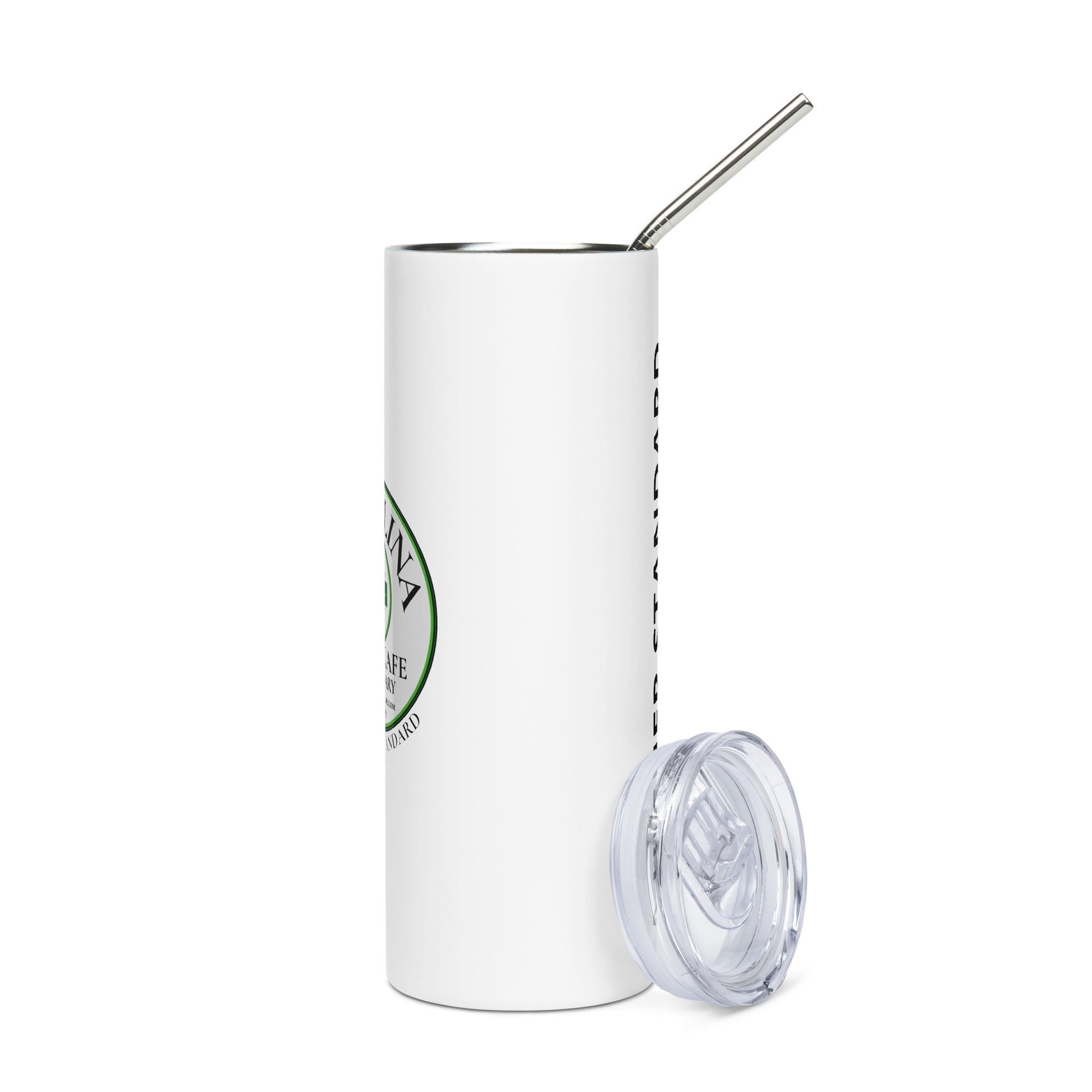 Side view of Stainless Steel Carolina Hemp Cafe Dispensary Tumbler with Metal Straw