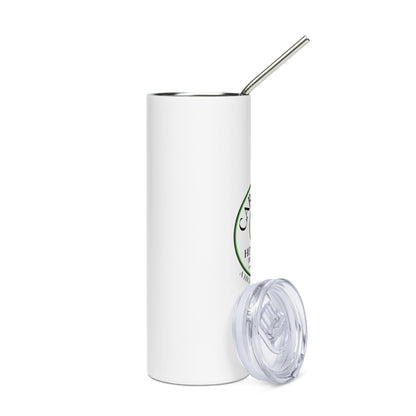 Side view of Stainless Steel Carolina Hemp Cafe Dispensary Tumbler with Metal Straw